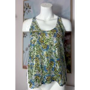 Clover Canyon Green Blue Leaf Semi Sheer Sequins Tank Top Blouse Shirt Sz Small